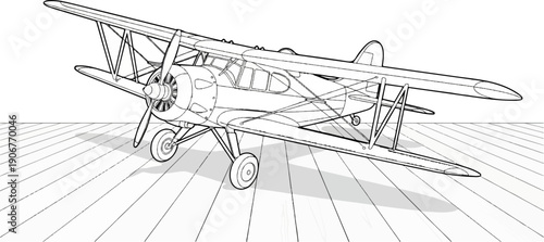 A vintage biplane rests on a striped surface, casting a shadow