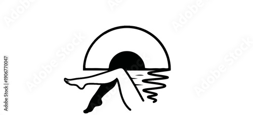 Abstract graphic of stylized legs with a semicircular sun and water