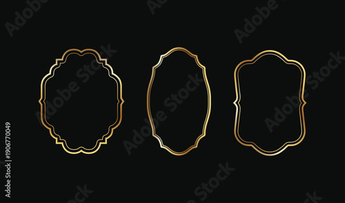 Collection of thin gold vintage frames. Elegant rectangular gradient golden border on black background. Retro Textbox set. Vintage ornament frame. Vintage style. retro label. Wedding ornaments, invita