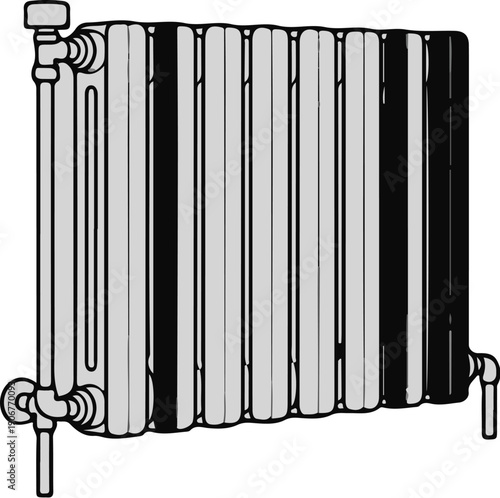 A vintage cast iron radiator with intricate piping and a grey, ribbed body