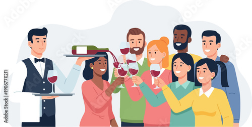 A waiter pours wine for a group of friends celebrating with toast