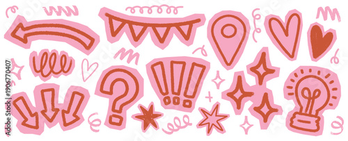 Collection of Cutout Paper Doodles. Pink and red Scrapbook style Arrows, Question Mark, Light bulb, Stars, Hearts and other Collage stickers