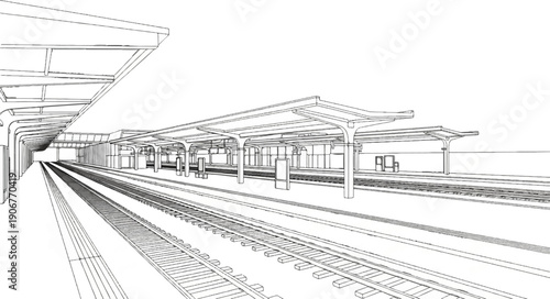 An illustrative sketch of an empty train station with multiple tracks