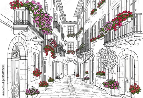 An inviting, narrow cobblestone lane is adorned with vibrant flowers