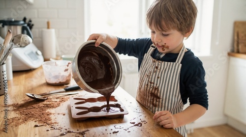 Young boy pouring melted chocolate into bunny molds in kitchen. Messy child baking Easter treats with chocolate on face. Cooking and childhood fun concept