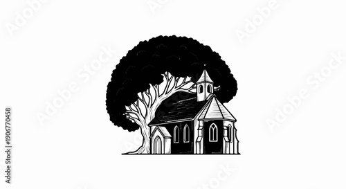An old, illustrated church nestled under a large, dark tree