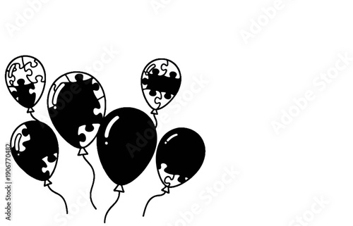 A whimsical assortment of balloons, some solid black, others featuring a puzzle design