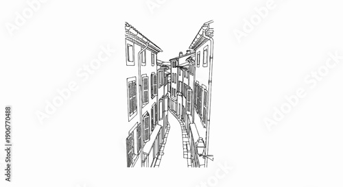 An old stone alleyway curves between tall, shuttered buildings