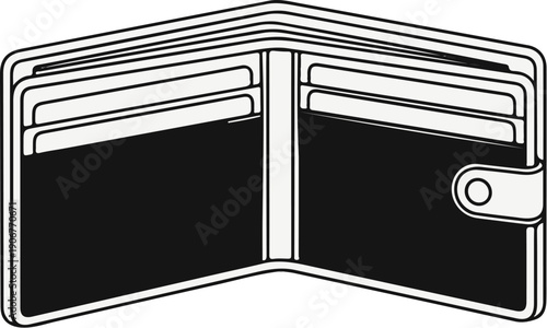 An open black bi-fold wallet with multiple card slots and a snap closure