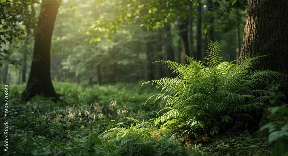 Obraz premium Lush woodland setting displaying rich plant life and clear atmosphere