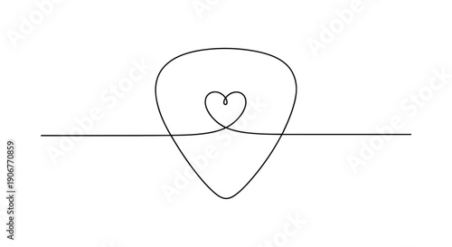 Minimalist guitar pick line art with heart — acoustic music lover icon vector