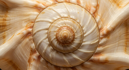 A detailed close-up of a seashell with spiral patterns and texture.