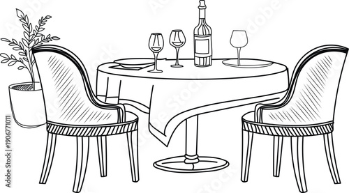 Intimate fine dining table set for two with wine glasses and plant drawing