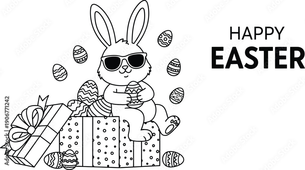 Fototapeta premium Cool black and white illustration of an adorable cartoon bunny wearing sunglasses sitting upon a large decorated gift box filled with easter eggs celebrating the holiday