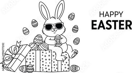 Cool black and white illustration of an adorable cartoon bunny wearing sunglasses sitting upon a large decorated gift box filled with easter eggs celebrating the holiday