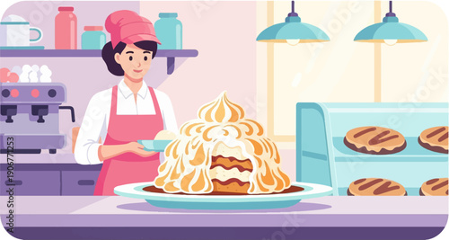 Barista serving a tall meringue cake with pastries displayed in a case