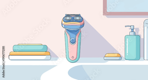 Bathroom counter with an electric shaver, towels, soap, and lotion dispenser