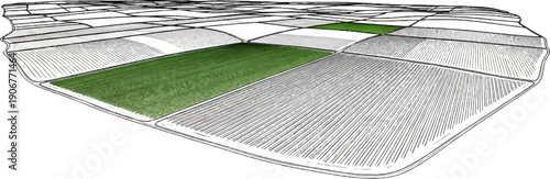 A stylized, perspective view of cultivated fields with two highlighted green plots