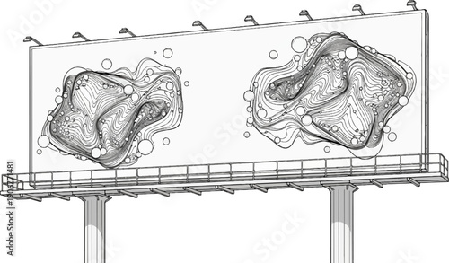 Billboard displays two abstract, fluid, and organic artistic compositions with spheres
