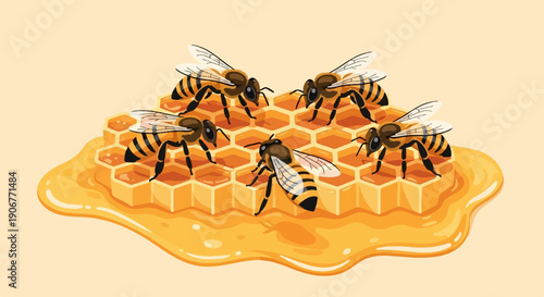 Bees gathered on a honeycomb dripping with golden honey