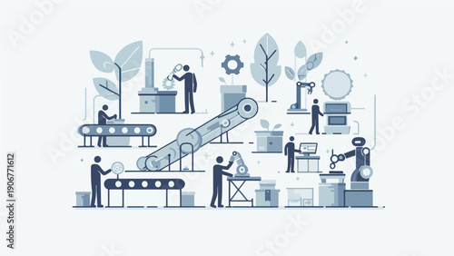 Modern Automated Smart Factory with Female Supervisor and Industrial Robots