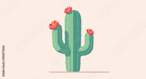 A stylized saguaro cactus with three blooming red flowers stands tall