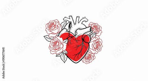 Anatomical heart illustration surrounded by delicate roses with red accents