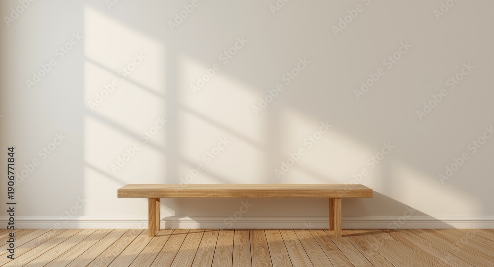 Fototapeta premium Illustration of an empty wooden interior featuring a minimal bench and copy space