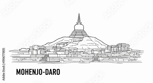 Ancient city ruins with tiered stupa and structures under hilly landscape