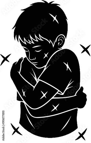 A stylized silhouette of a child embracing themselves, surrounded by small star-like shapes
