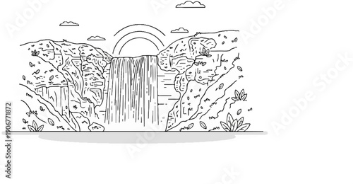 A stylized sketch of a majestic waterfall cascading down rocky cliffs under a sunset