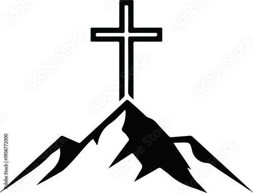 A stylized black cross sits atop a sharp, jagged mountain peak
