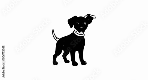 A stylized black dog with floppy ears and a white collar