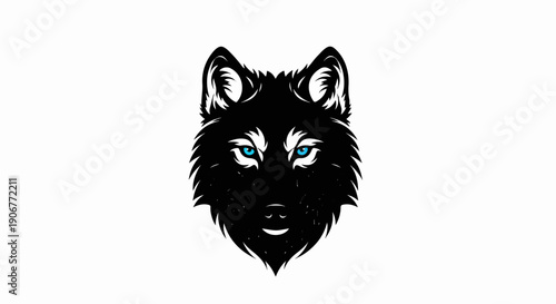 A stylized black wolf head with piercing blue eyes on a white background