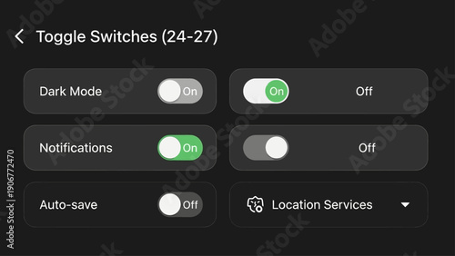 Screenshot of toggle switches and settings in a modern dark mode mobile application.
