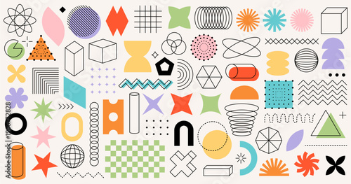 Big collection of 70 various geometric shapes in Memphis design style. Trendy retro elements for commercial banner or poster, websites and advertisement. Flat vector illustration.