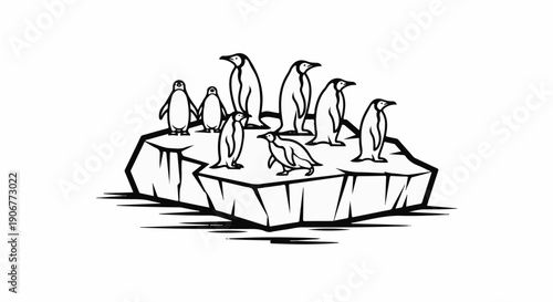 Black and white cartoon drawing of a group of penguins on ice