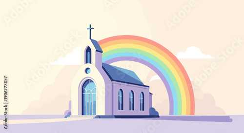A stylized church with a rainbow arching over it, against a pastel sky