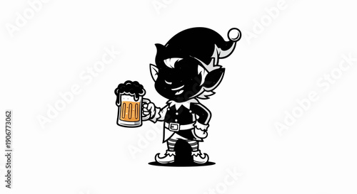 Black and white cartoon elf character holding a frothy beer mug, festive attire