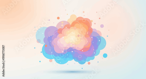 Abstract explosion of soft, colorful, pixelated shapes creating a dynamic, ethereal cloud effect