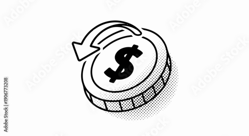 A stylized coin with a dollar sign and an arrow indicating circular movement