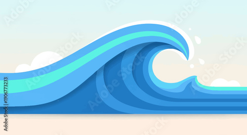 A stylized, colorful ocean wave crashes on a sandy beach under a pale sky