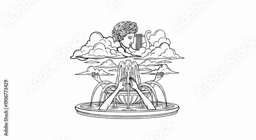 A stylized drawing of a classical head above a fountain with hands