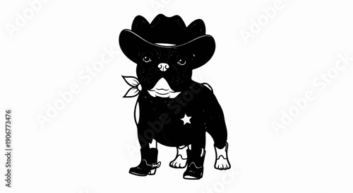 Black and white cartoon of a French Bulldog wearing a cowboy hat and boots
