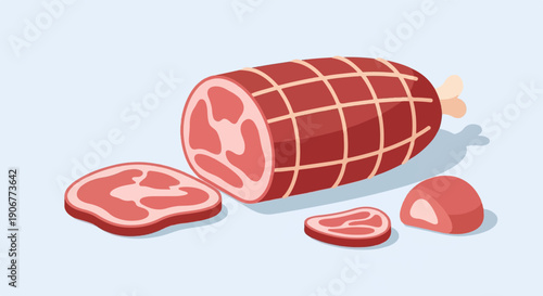 A whole and sliced roast meat, netting, bone, and pinkish slices