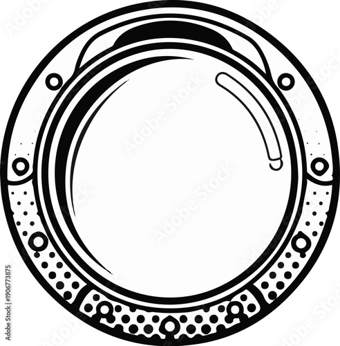 Black and white circular porthole with decorative rim and internal curved bar