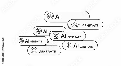 Abstract composition of stylized brain icons and AI Generate text within rounded buttons