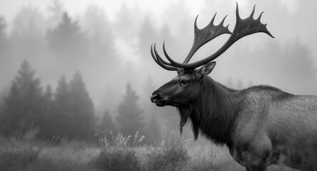 Black and white nature photograph highlighting elk with bold horn silhouette