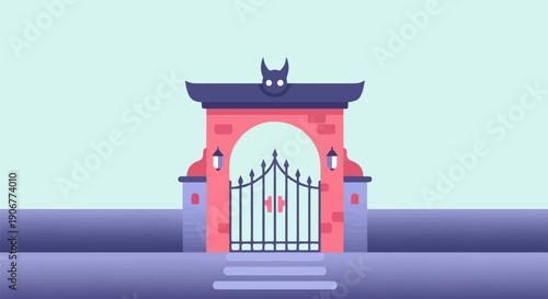 A stylized gateway with a creature's silhouette atop a purple roof