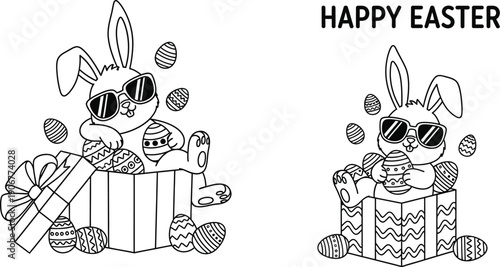 Adorable cool bunny wearing sunglasses sitting in gift boxes surrounded by decorated eggs for a happy easter coloring page design